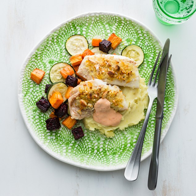 Cashew Crumbed Fish with Roast Veggies and Potato Mash