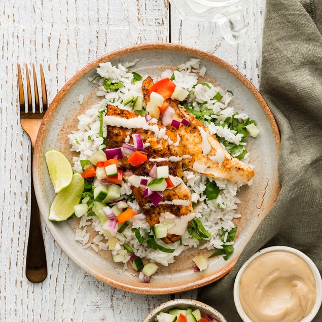 Jamaican Jerk Fish with Coconut Rice & Pineapple Salsa