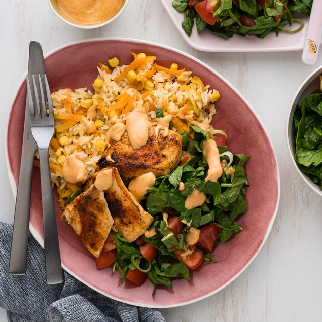 Lemon Pepper Fish with Rice & Smoked Tomato Aioli