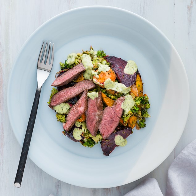 Spiced Lamb Steaks with Kumara Beet Salad and Chimichurri