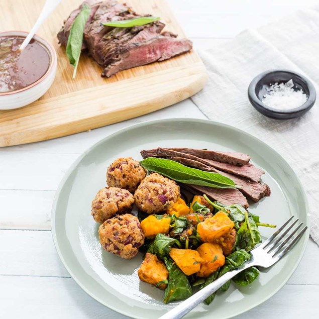 Butterflied Lamb Leg with Stuffing Balls and Honeyed Pumpkin and Spinach