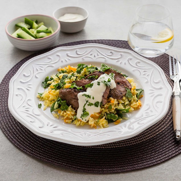 Spanish Spice-Rubbed Lamb with Carrot Spinach Rice and Citrus Sour Cream