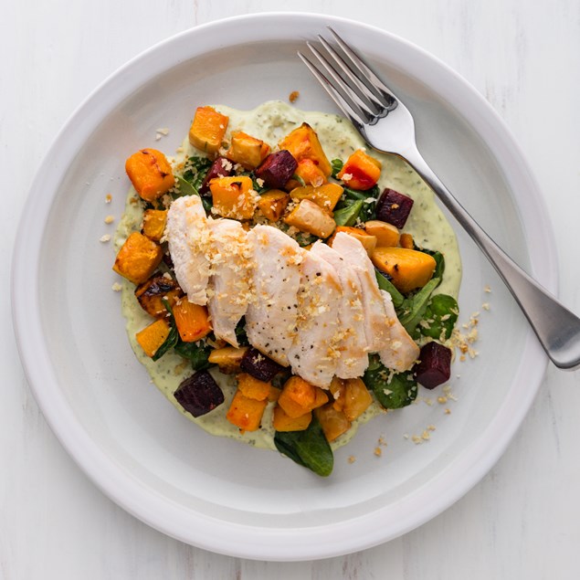 Chicken Steaks with Butternut Salad, Pangrattato and Mint Pesto