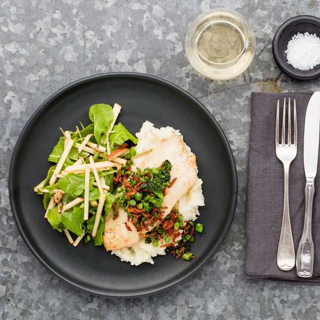 Pan-Fried Fish with Bacon Sautéed Broccolini and Apple Rocket Salad