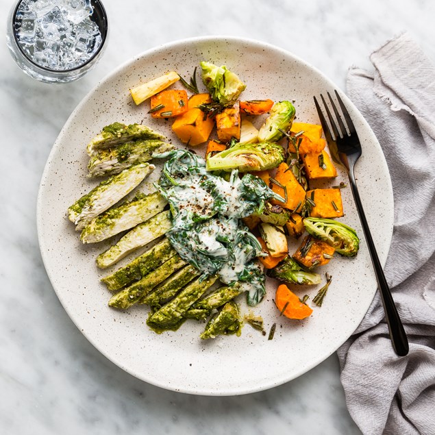 Garlic Herb Chicken with Rosemary Roasted Vege & Creamed Spinach