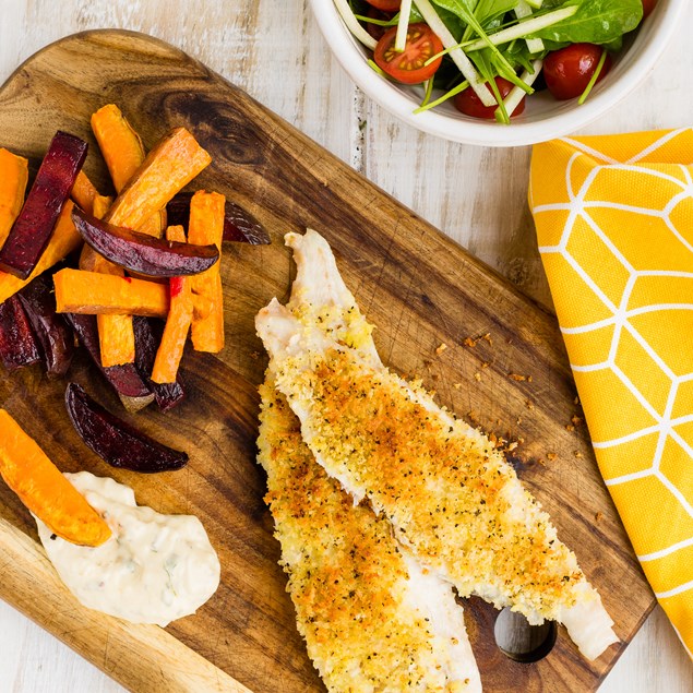 Lemon Pepper Fish with Veggie Fries and Rocket Salad