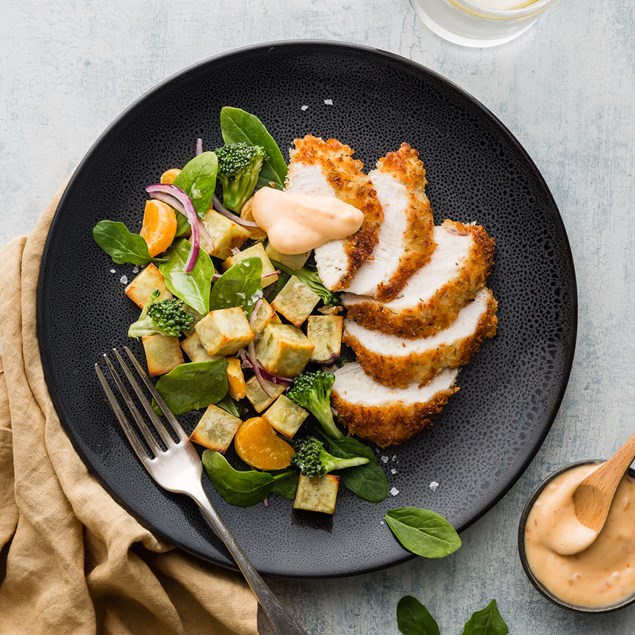 Crumbed Chicken with Kumara Mandarin and Broccoli Sala