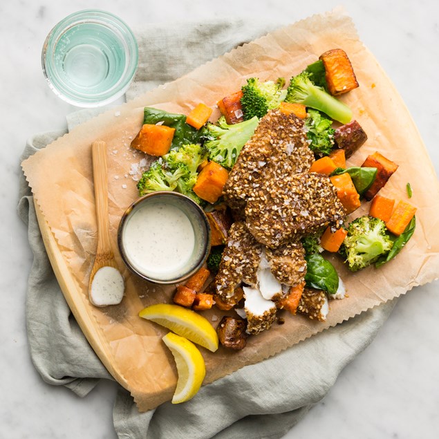 Dukkah Crusted Fish with Roasted Kumara and Yoghurt Tzatziki