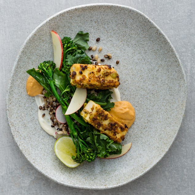 Pistachio Crusted Tofu with Charred Broccolini, Pearl Barley and Harissa Hummus