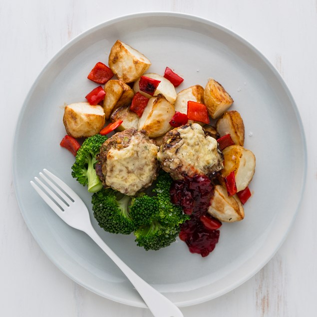 Cheesy Venison & Pork Patties with Beetroot Relish and Roasties