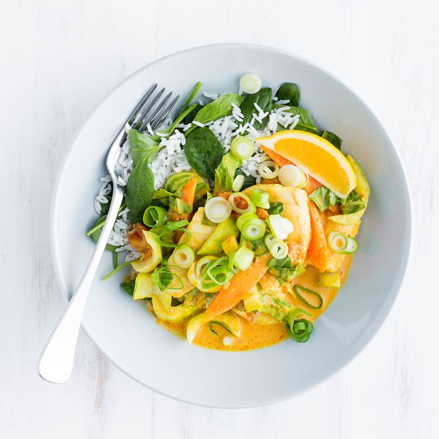 Sri Lankan Fish Curry with Spinach Rice