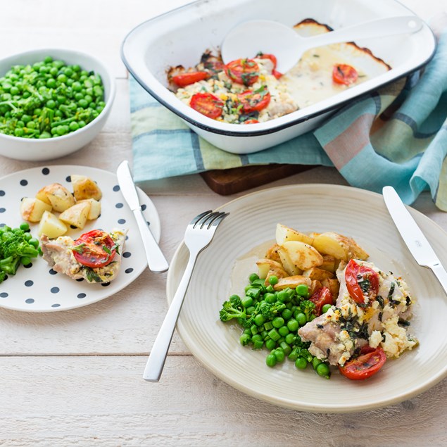 Baked Chicken with Feta, Cherry Tomatoes and Roast Potatoes