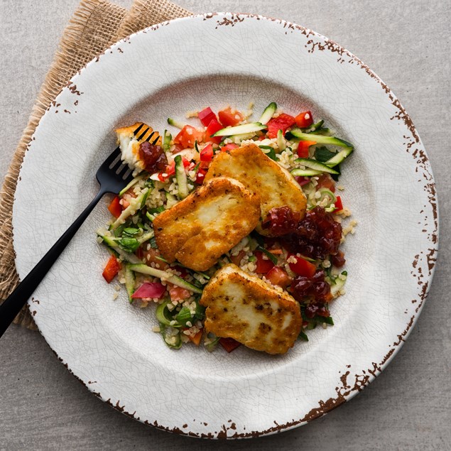 Moroccan Halloumi with Veggie Bulgur and Relish