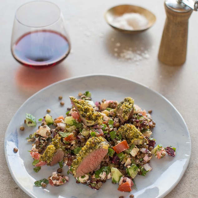 Rocket Pesto Crusted Lamb with Puy Lentil Salad