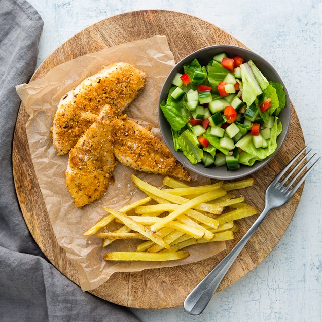 Peri Peri Fish with Skinny Fries and Cucumber Salad