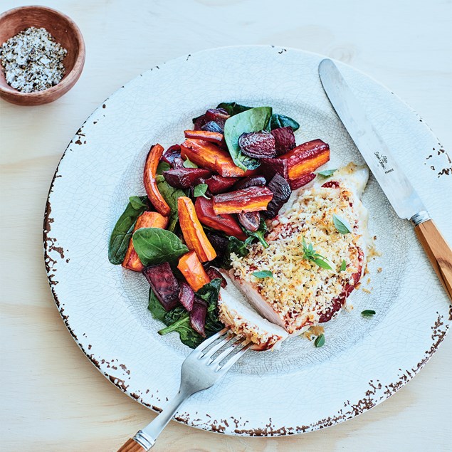 PARMESAN-CRUMBED CHICKEN WITH BALSAMIC AND HONEY ROASTED VEGETABLES