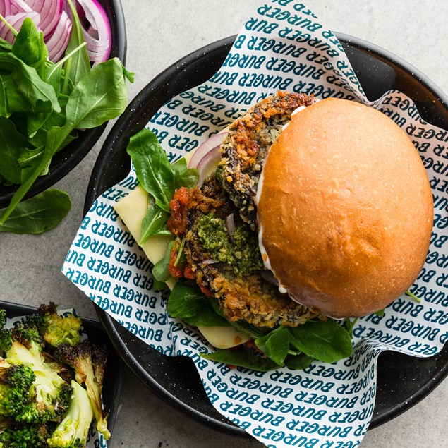 Burger Burger Panko Mushroom Burger with Charred Broccoli
