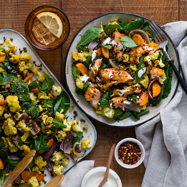 Baked Salmon with Turmeric Roast Veggies & Yoghurt