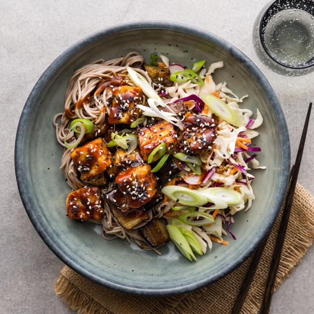 Teriyaki Tofu Noodle Bowl with Miso Glazed Eggplant & Slaw