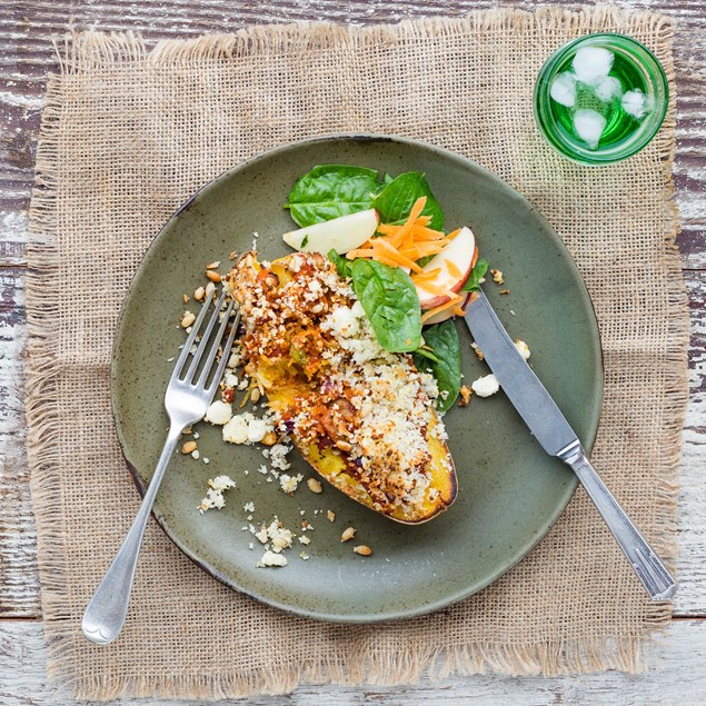 Roast Spaghetti Squash Stuffed with Tomato, Feta and Pine Nuts