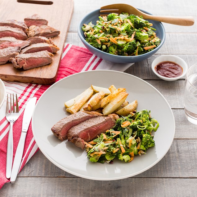Steak with Potato Chips and Broccoli Seed Salad