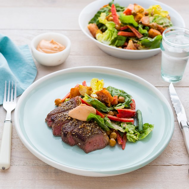 Moroccan Beef with Crispy Chickpea Salad and Eggplant Aioli