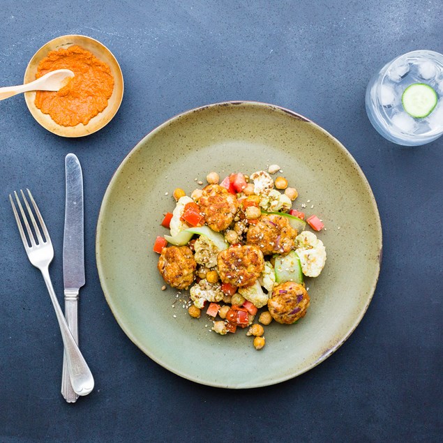 Spiced Chicken Patties, Dukkah Roasted Cauliflower and Eggplant Dip