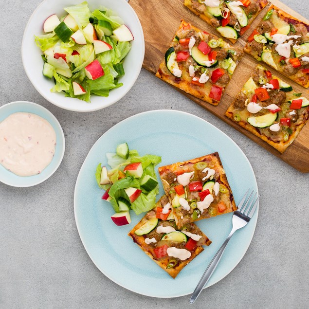 Mexican Chorizo Pizza with Iceberg and Apple Salad