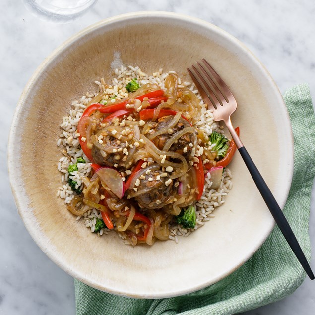 TERIYAKI BEEF MEATBALLS WITH STEAMED RICE AND PEANUT STIR-FRY