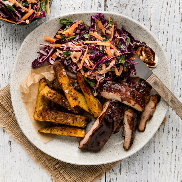 Pork Ribs with Wedges and BBQ Sauce