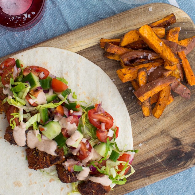 Cajun Fish Wrap with Kumara Chips, Salsa and Chipotle Yoghurt