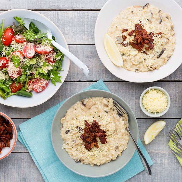 Mushroom Risotto with Crispy Bacon and Parmesan Salad