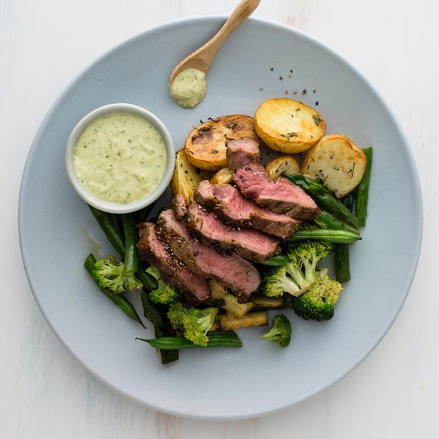 Lamb Steaks with Roast Potatoes and Mint Pesto Mayo