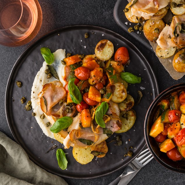 Chicken Saltimbocca with Cauli Purée and Crispy Capers
