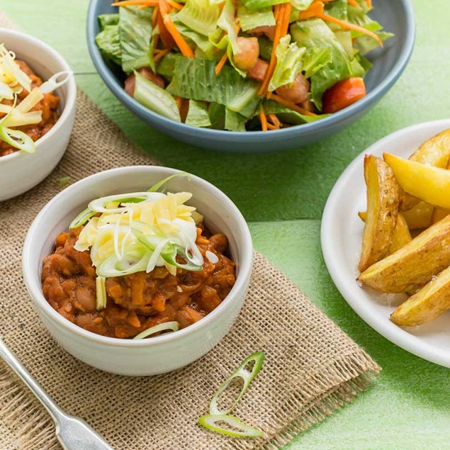 Mild Bean Chilli with Crispy Potato Wedges and Sour Cream