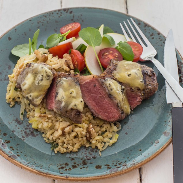 Leek and Walnut Bulgur with Blue Cheese Melted Steak