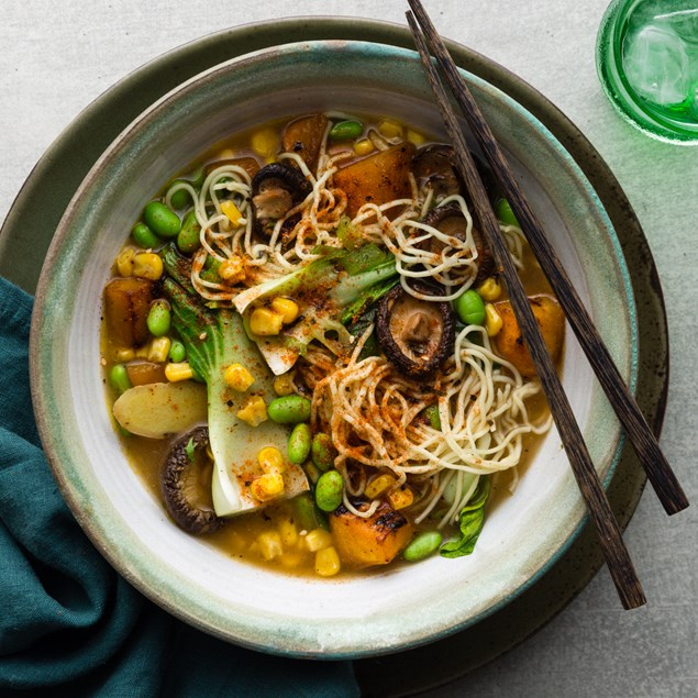 Miso Pumpkin Ramen with Smoky Buttered Edamame 