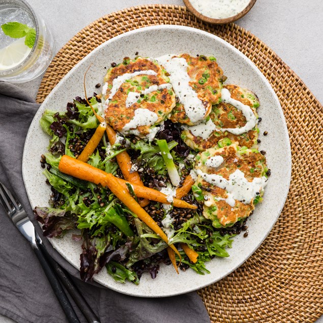 Crushed Pea & Courgette Fritters with Roasted Baby Carrot Salad