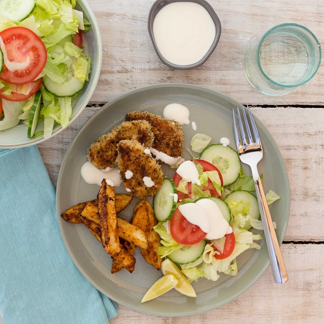 Herb-Crusted Chicken with Cajun Chips, Salad and Yoghurt Mayo 