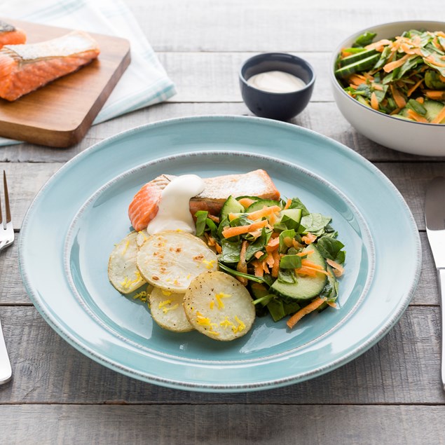 Pan-Fried Salmon with Lemon Mayo and Zesty Potato Rounds