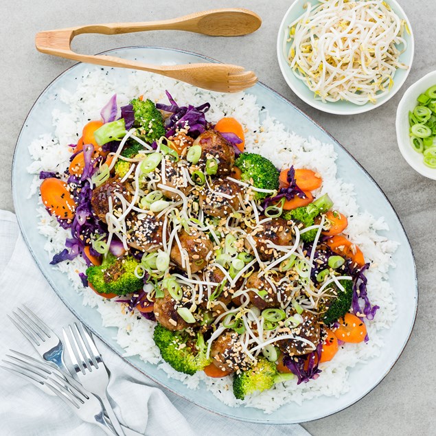 Honey and Soy Pork Meatballs with Veggie Stir-Fry