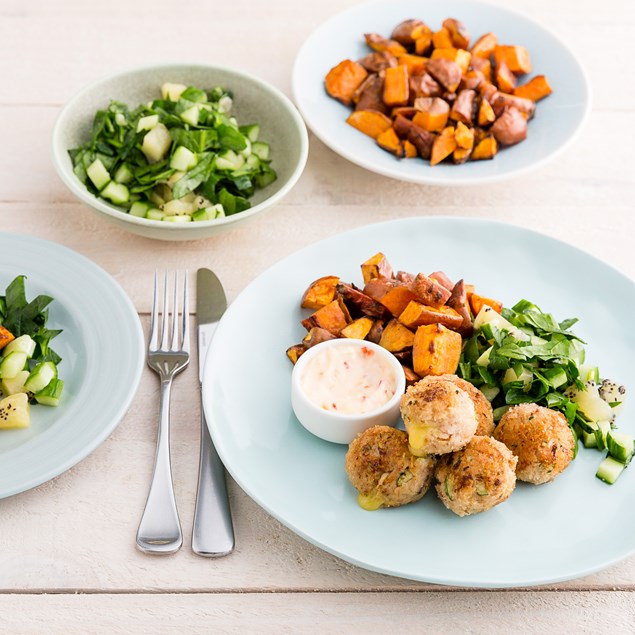 Chicken and Cheese Balls with Roast Kumara Chunks