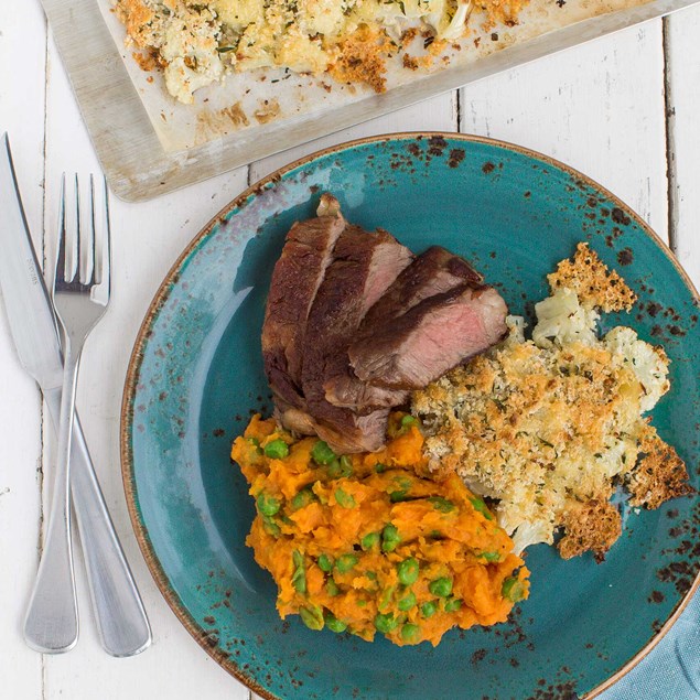 Steak with Cheese-Crusted Cauliflower and Kumara Pea Mash