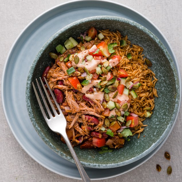 Mexican Pulled Lamb with Rice and Chimichurri Salad