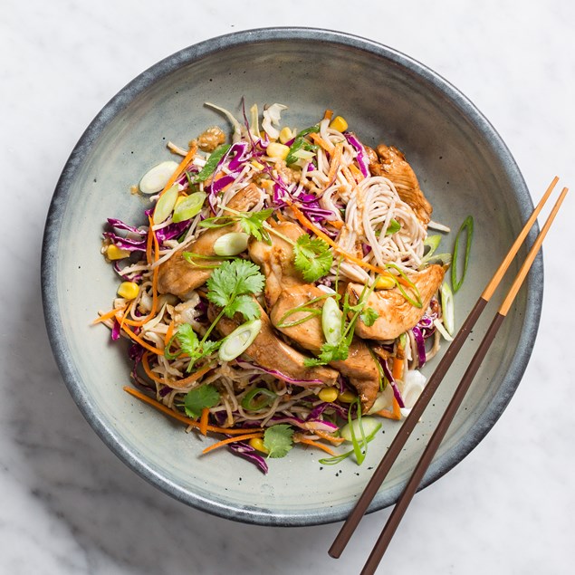 Chicken Soba Noodle Salad with Sesame Dressing and Slaw