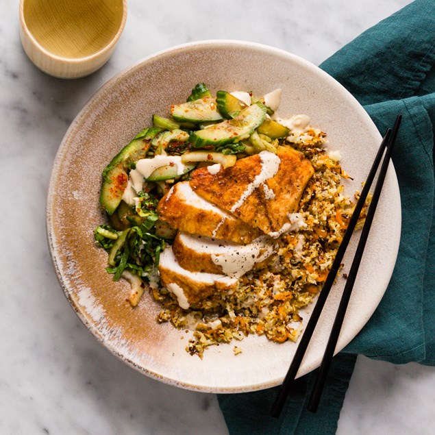 Korean Chicken with Quick Cucumber Kimchi & Cauli Rice