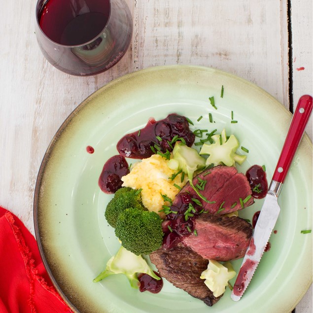 Seared Venison with Polenta Feta Smash and Beetroot Ginger Cranberry Jus