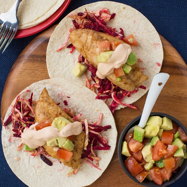 Cajun Fish Wraps with Beet and Cabbage Salad, Avocado Salsa and Chipotle Mayo