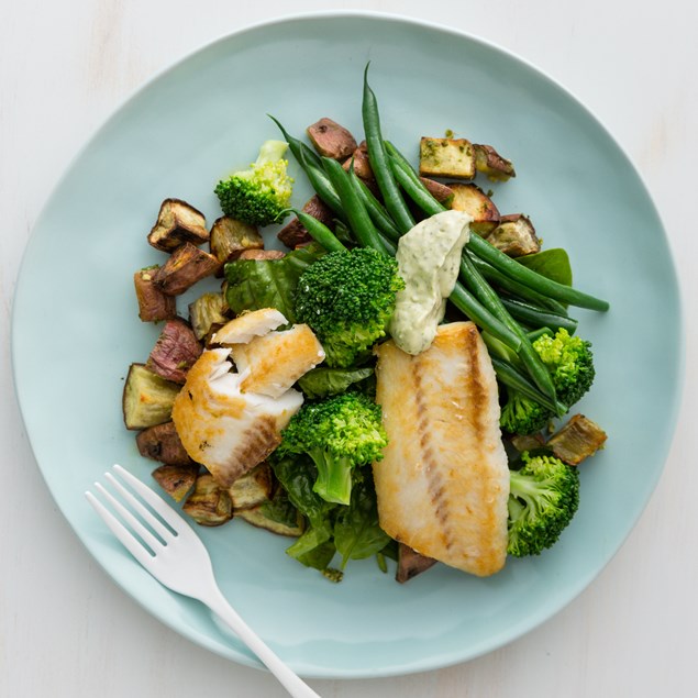 Pan-Fried Fish with Salsa Verde Kumara And Greens