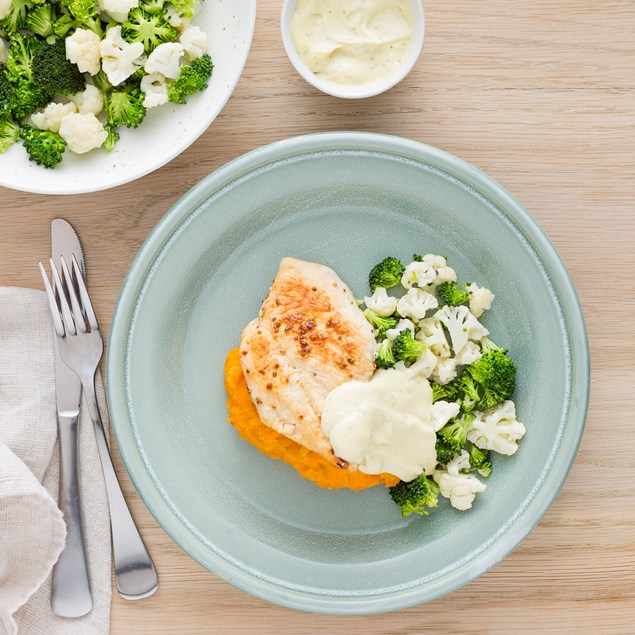 Mustard Chicken with Veggie Mash and Bearnaise Sauce